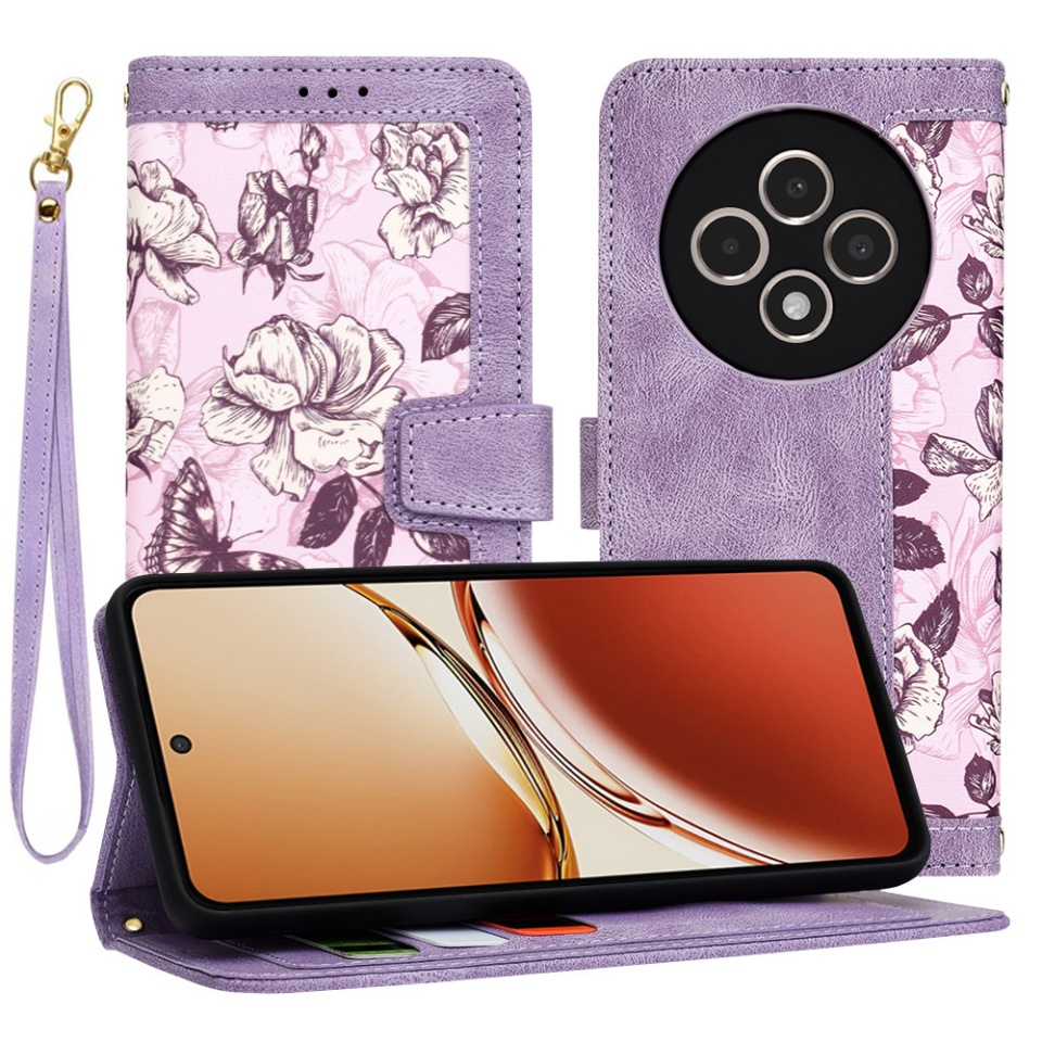Husa pentru Xiaomi Redmi 14C din Piele Ecologică cu Design Floral, Protecție 360°, Stand Integrat, Buzunare pentru Carduri, SKDR Floral Wallet - Mov
