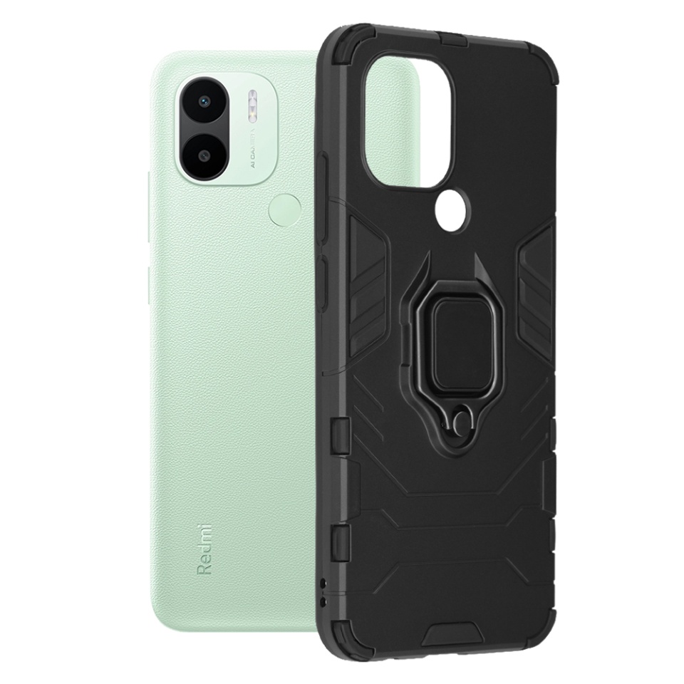 Husa pentru Xiaomi Redmi A1+ / Redmi A2+, SKYDDAR INNOVATION, Silicone Shield, cu Inel Magnetic, Antisoc, set cu sticker, Negru
