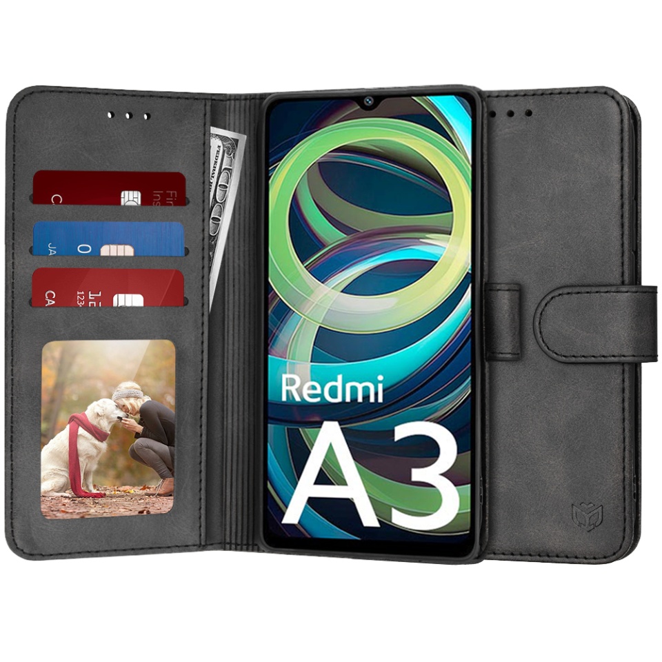 Husa pentru Xiaomi Redmi A3 / Redmi A3x, SKYDDAR INNOVATION, Diary Book, tip carte, cu Portofel Interior, Antisoc, Negru, set cu sticker