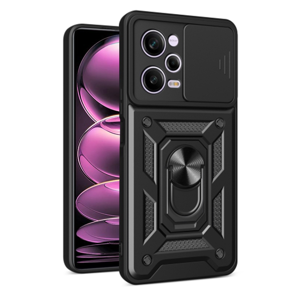 Husa pentru Xiaomi Redmi Note 12 Pro 5G / Poco X5 Pro, SKYDDAR INNOVATION, CamShield, Inel magnetic, set cu sticker, Negru