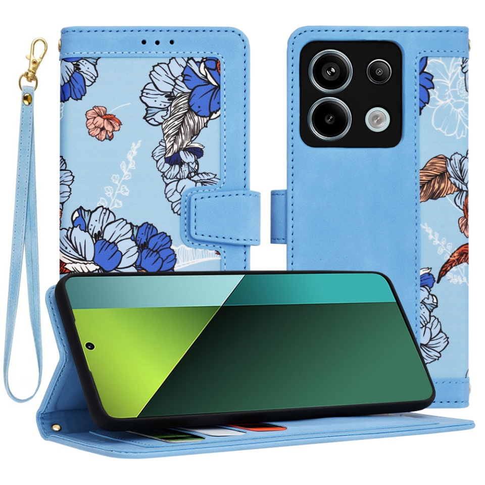 Husa pentru Xiaomi Redmi Note 13 Pro 5G / Poco X6 din Piele Ecologică cu Design Floral, Protecție 360°, Stand Integrat, Buzunare pentru Carduri, SKDR Floral Wallet - Bleu