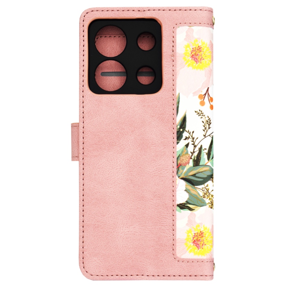 Husa pentru Xiaomi Redmi Note 13 Pro 5G / Poco X6 din Piele Ecologică cu Design Floral, Protecție 360°, Stand Integrat, Buzunare pentru Carduri, SKDR Floral Wallet - Roz - 3 | YEO