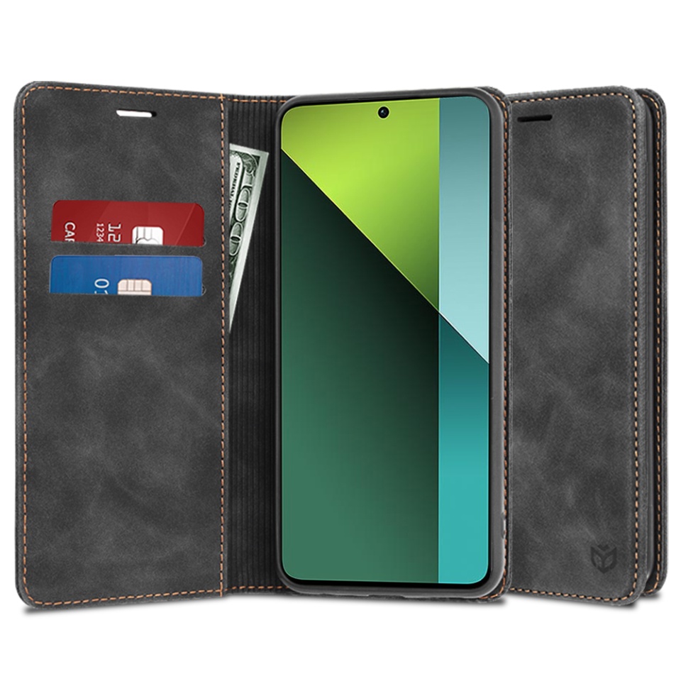 Husa pentru Xiaomi Redmi Note 13 Pro 5G / Poco X6, SKYDDAR INNOVATION, Soft Wallet, tip Carte din piele Eco Premium, cu Portofel Interior, Negru, set cu sticker