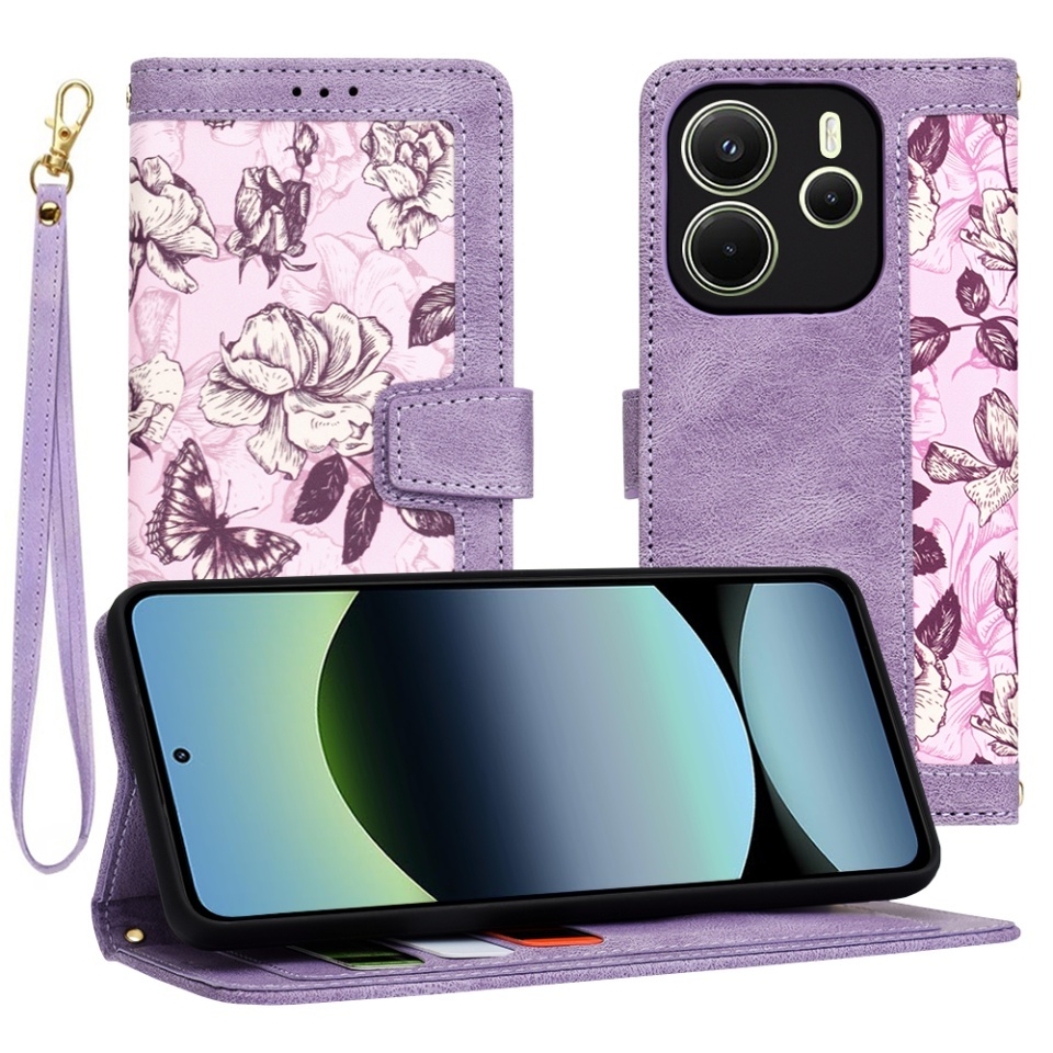 Husa pentru Xiaomi Redmi Note 14 4G (Regional), SKYDDAR INNOVATION, Flipcraft din Piele Ecologică, Stand Integrat, Buzunare pentru Carduri, set cu sticker, Mov