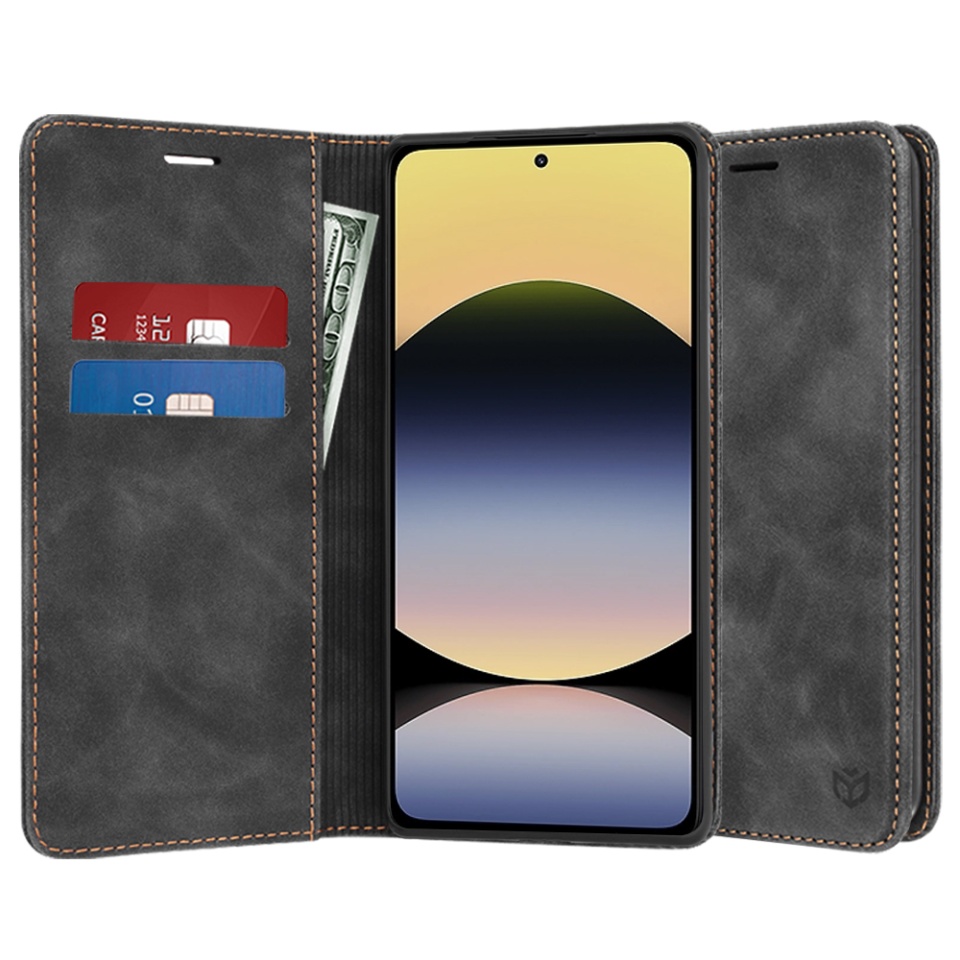 Husa pentru Xiaomi Redmi Note 14 5G, SKYDDAR INNOVATION, Soft Wallet, tip Carte din piele Eco Premium, cu Portofel Interior, Negru, set cu sticker