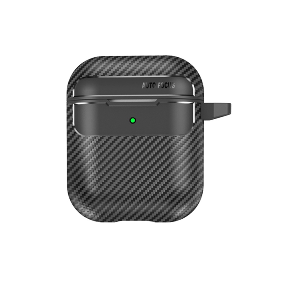 Husa Protectie pentru AirPods 1 / 2, din Fibra de Carbon, cu Breloc Carabina, Incarcare Wireless, EarSafe - Negru - 1 | YEO
