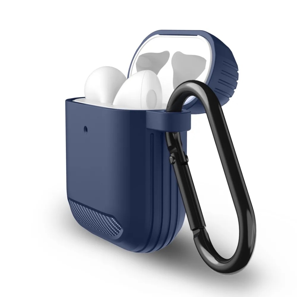 Husa Protectie pentru AirPods 1 / AirPods 2, din Fibra de Carbon Silicon, cu Breloc Carabina, Incarcare Wireless, EarSafe - Negru - 1 | YEO