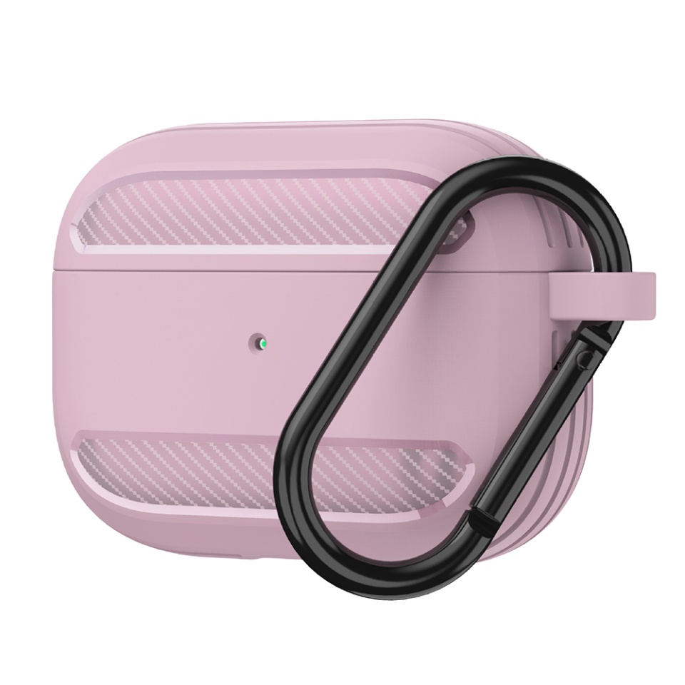 Husa Protectie pentru AirPods 3, din Fibra de Carbon Silicon, cu Breloc Carabina, Incarcare Wireless, EarSafe - Roz