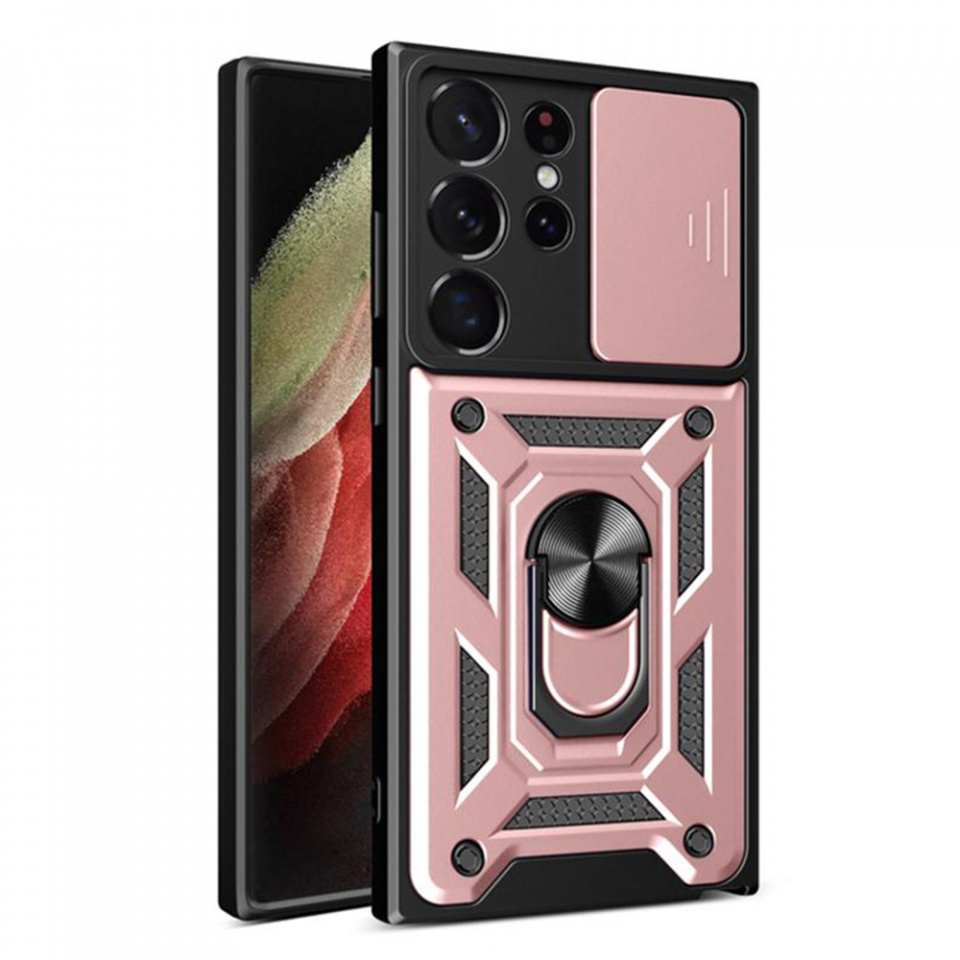 Husa Samsung Galaxy S22 Ultra 5G cu inel magnetic si protectie camera Skyddar CamShield - Rose Gold