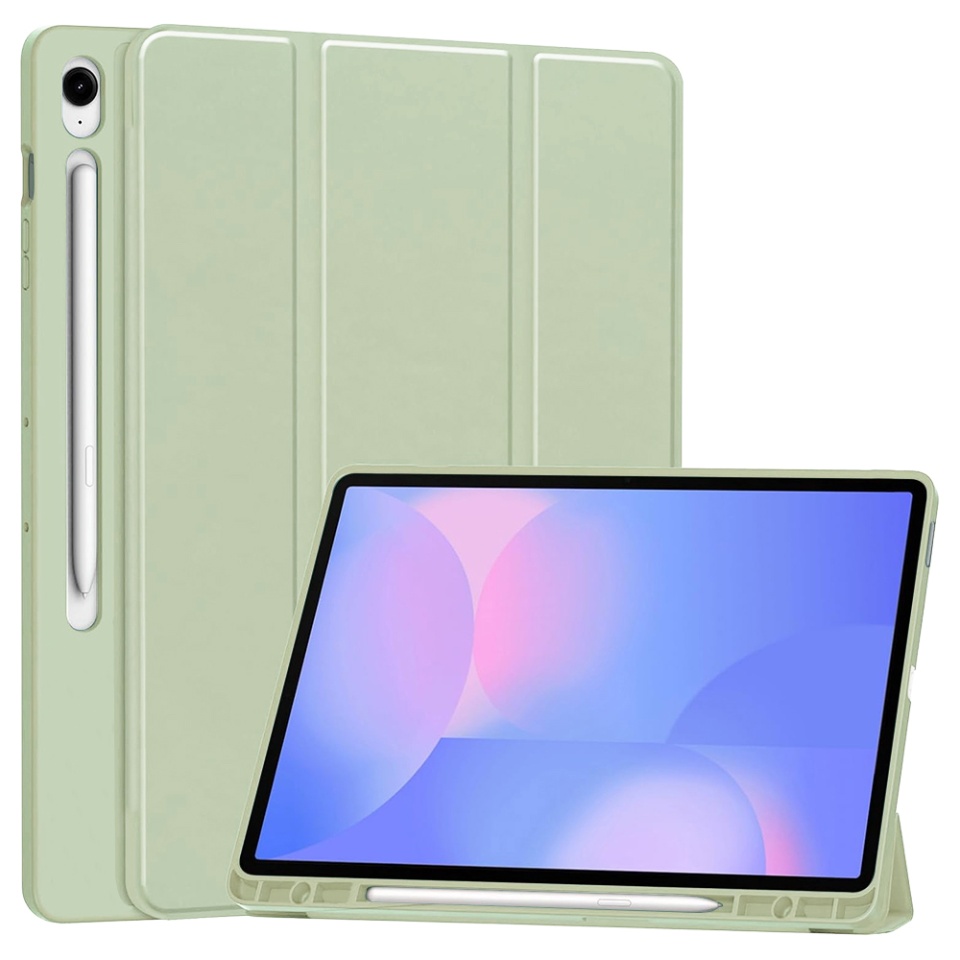 Husa tableta pentru Samsung Galaxy Tab S10 FE Plus, suport Pencil, functie Sleep/Wake, SKDR, Flex Trifold, Verde deschis, set cu sticker