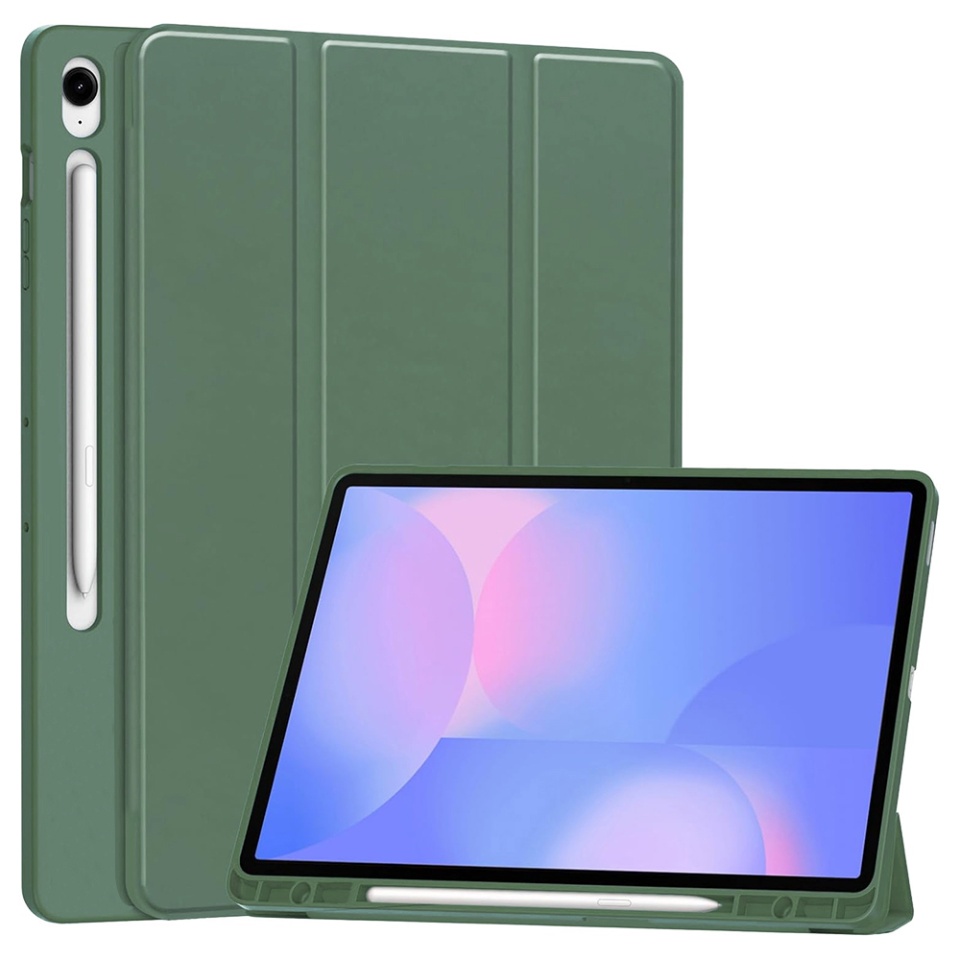 Husa tableta pentru Samsung Galaxy Tab S10 FE Plus, suport Pencil, functie Sleep/Wake, SKDR, Flex Trifold, Verde inchis, set cu sticker