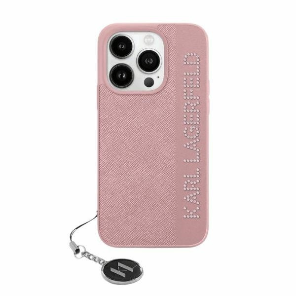 Huse pentru iPhone 15 Pro, Karl Lagerfeld, Saffiano Rhinestones&Charm, Roz