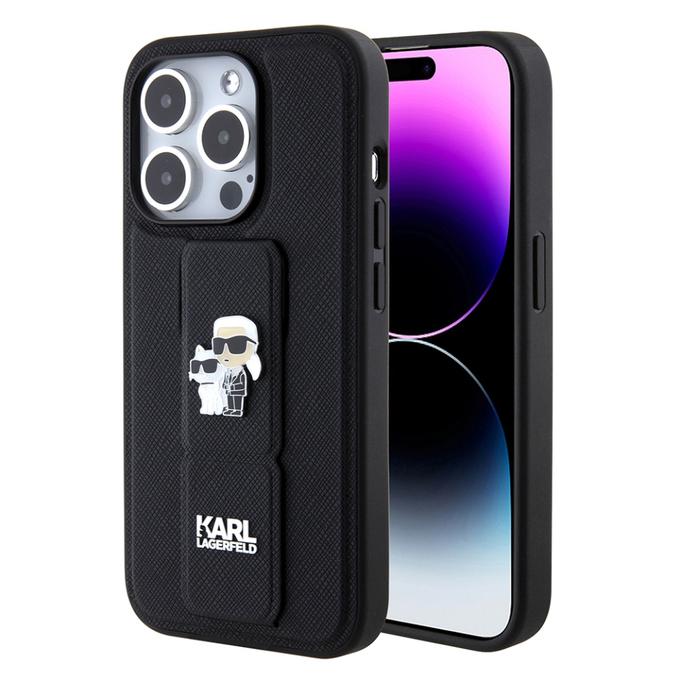 Huse pentru iPhone 15 Pro Max, Karl Lagerfeld, Saffiano Gripstand, Negru