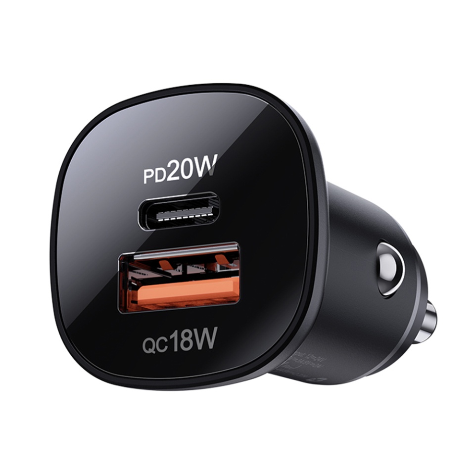 Incarcator Auto 38W, 1x Type-C + 1x USB, PD Fast Charging, LED Light, Design Compact, Acefast B1, Negru - 1 | YEO