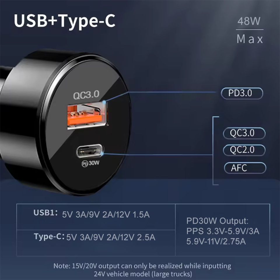 Incarcator auto Fast Charge, USB QC3.0 18W, Type-C PD30W, 48W, Techsuit TE-P31 - Negru - 2 | YEO