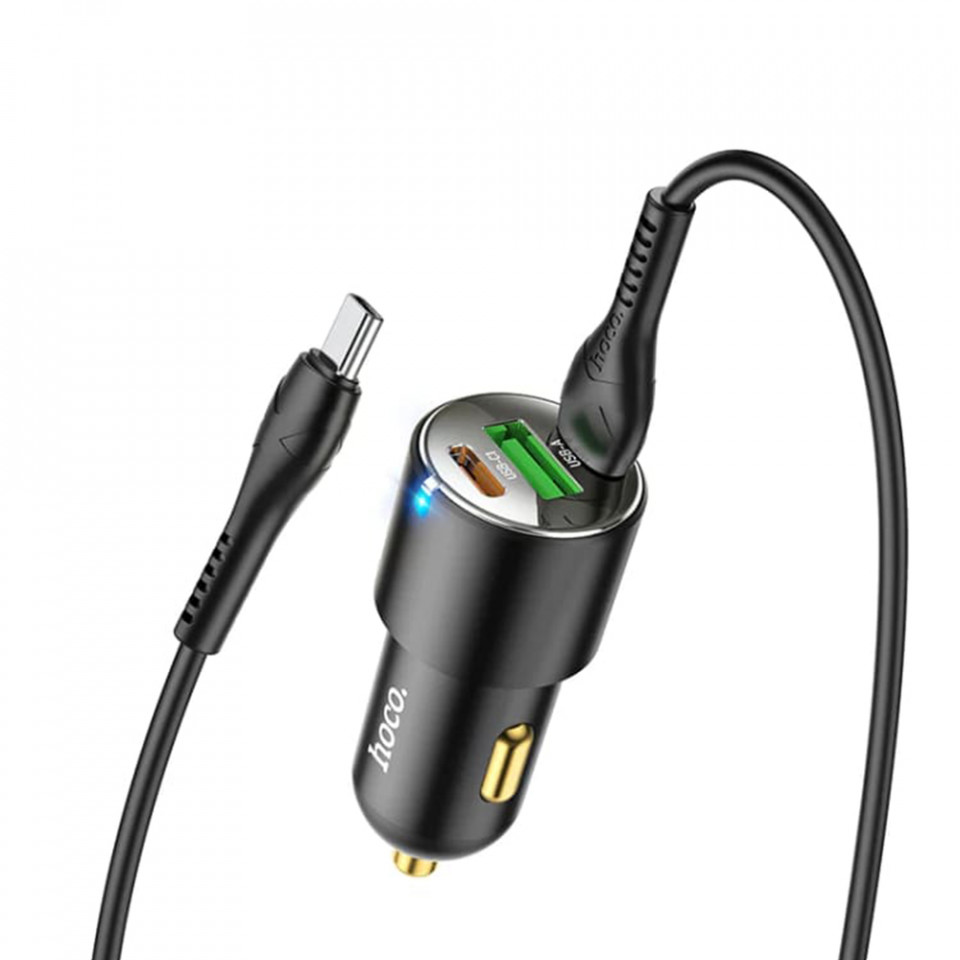Incarcator auto (NZ6), USB-A, 2xUSB Type-C, QC 3.0, PD 45W, 5.0A cu cablu Type-C to Type-C Cable 1.0m, HOCO - Negru - 1 | YEO