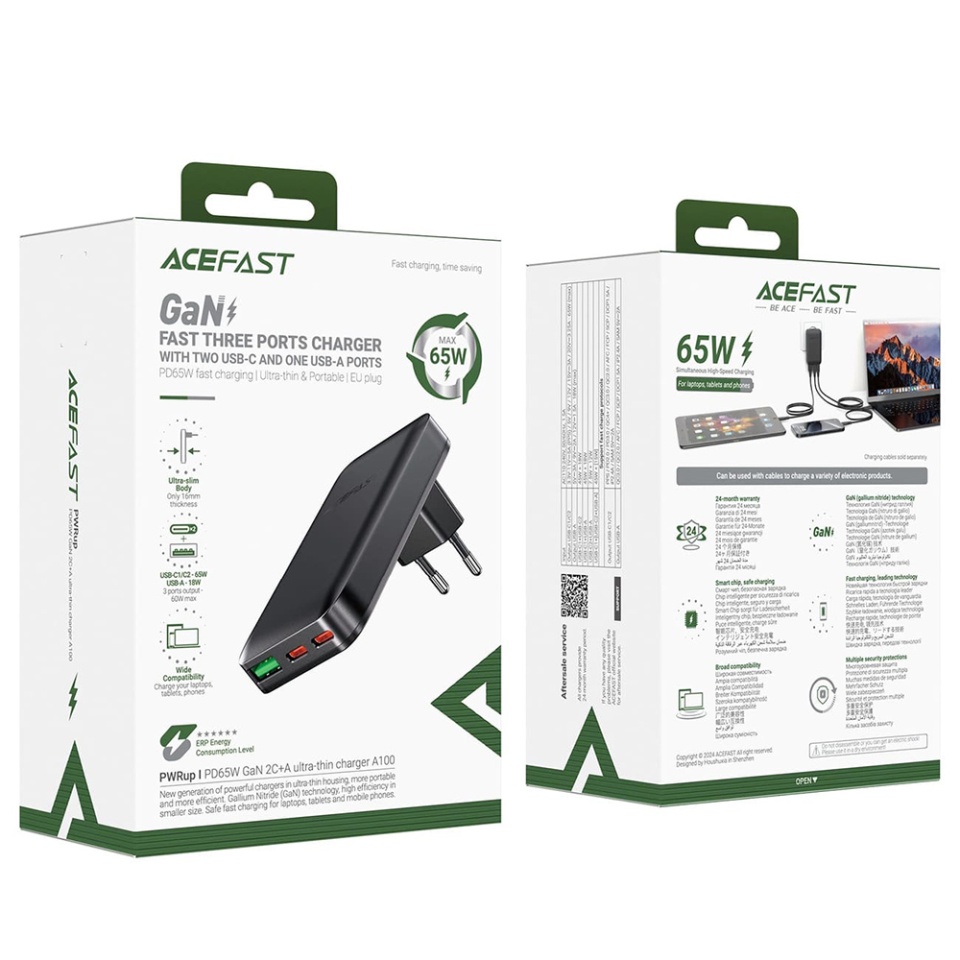 Incarcator Priza 65W, 2x Type-C + 1x USB, 3in1, Tehnologie GaN, PD Fast Charging, Acefast A100, Negru - 8