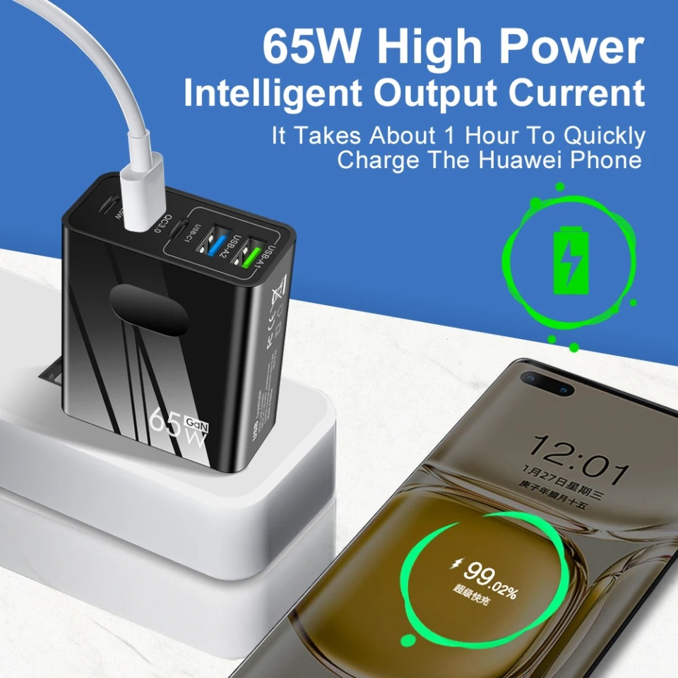 Incarcator Priza cu 5 porturi , Universal, 3x USB, 2x Type-C, Cablu Inclus, PD 25W, 65W, GaN, Techsuit PentaXPower (CHC1), Alb, set cu sticker - 3 | YEO