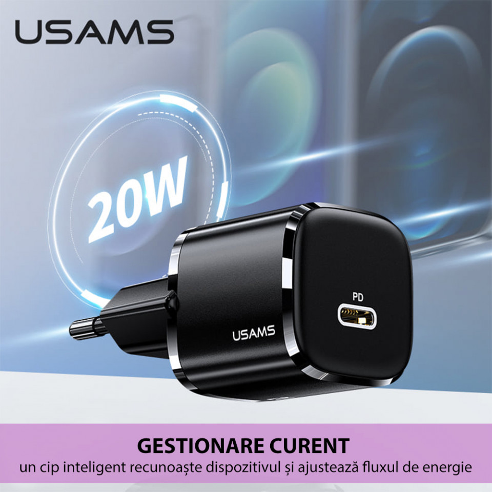 Incarcator priza Type-C, Fast Charge, 20W, 3A, USAMS T36 - Negru - 2 | YEO