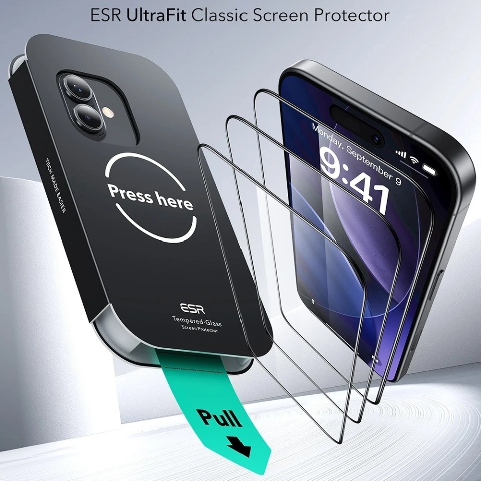 [Pachet x3] Folie sticla pentru iPhone 16 Pro / 17, ESR Tempered Glass UltraFit, Transparenta - 1 | YEO
