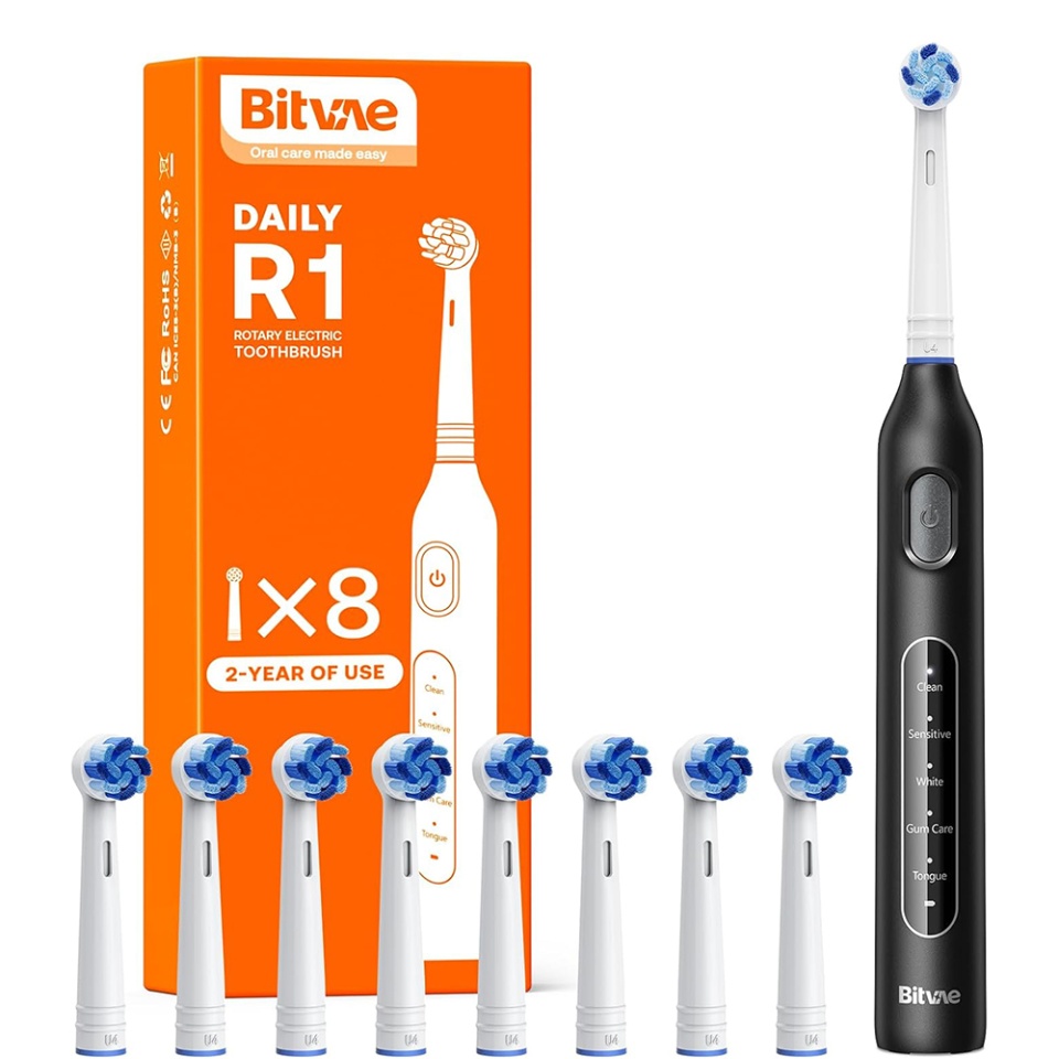 Periuta de dinti electrica D2, Bitvae, cu tehnologie ultrasonica, 5 moduri, 8 capete de schimb, rezistenta la apa, BVR1, Negru