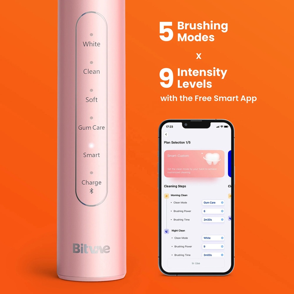 Periuta de dinti electrica inteligenta Bitvae S2, sonica, 5 moduri, 9 niveluri intensitate, 8 capete, 100 zile autonomie, husa calatorie, cu senzor presiune si control prin aplicatie, S2 Smart, Roz - 1 | YEO