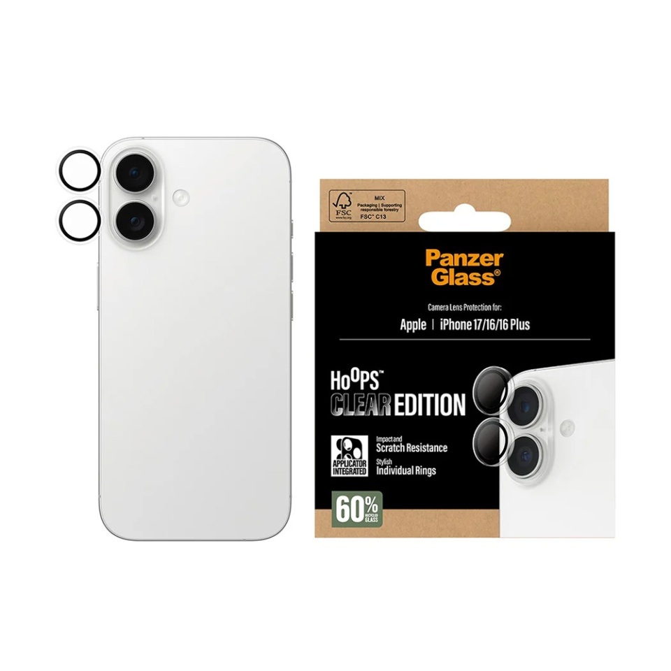 Protectie Camera pentru iPhone 16 / 16 Plus / 17, Hoops PanzerGlass®, cu Separare Optica, Sticla Securizata, Anti-Zgarieturi si Anti-Reflexie, Transparenta