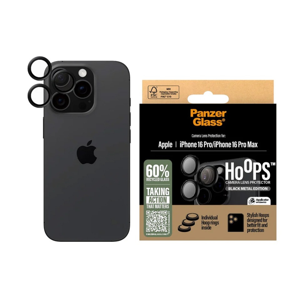 Protectie Camera pentru iPhone 16 Pro / 16 Pro Max, Hoops PanzerGlass®, cu Separare Optica, Sticla Securizata, Anti-Zgarieturi si Anti-Reflexie, Negru