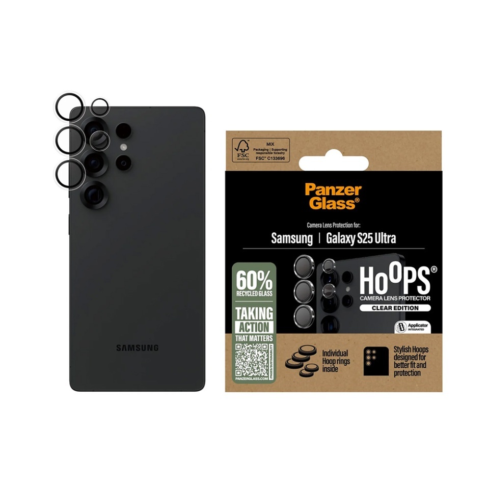 Protectie Camera pentru Samsung Galaxy S25 Ultra, Hoops PanzerGlass®, cu Separare Optica, Sticla Securizata, Anti-Zgarieturi si Anti-Reflexie, Transparenta