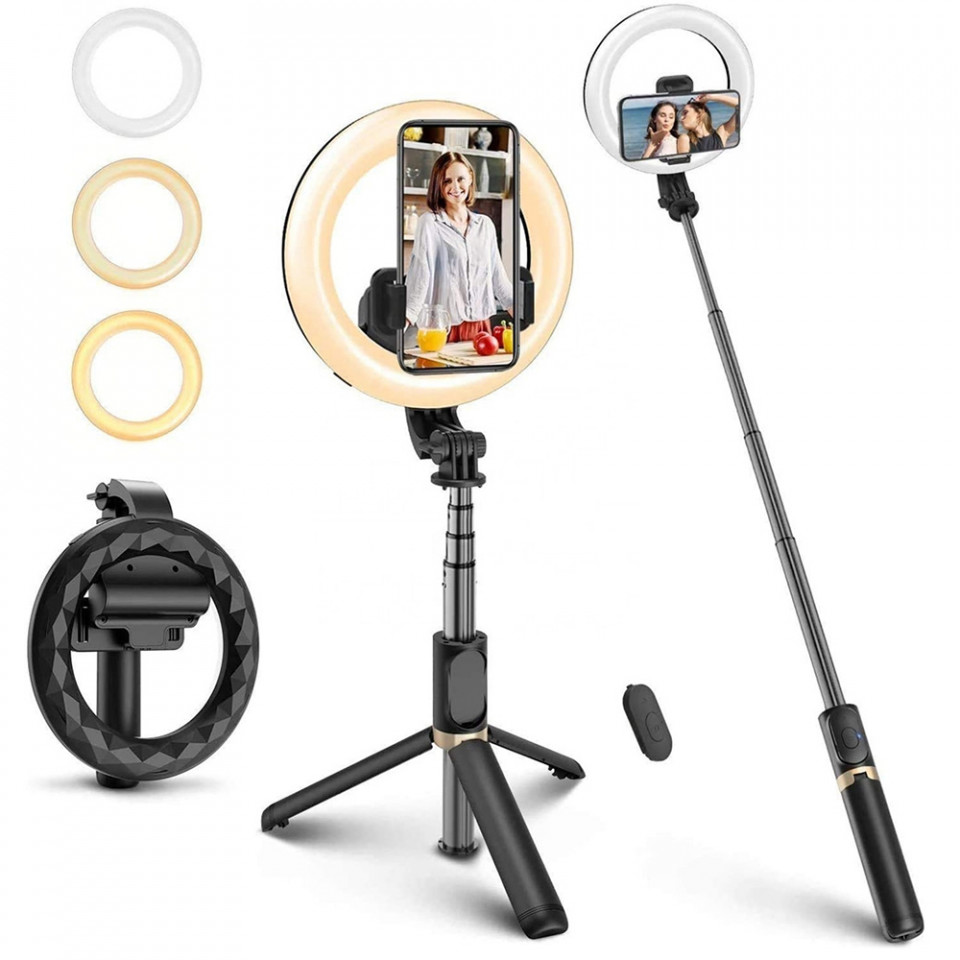 Selfie stick cu trepied si Ring LED, dimensiune 80cm, telecomanda Bluetooth, Skyddar Self - Negru