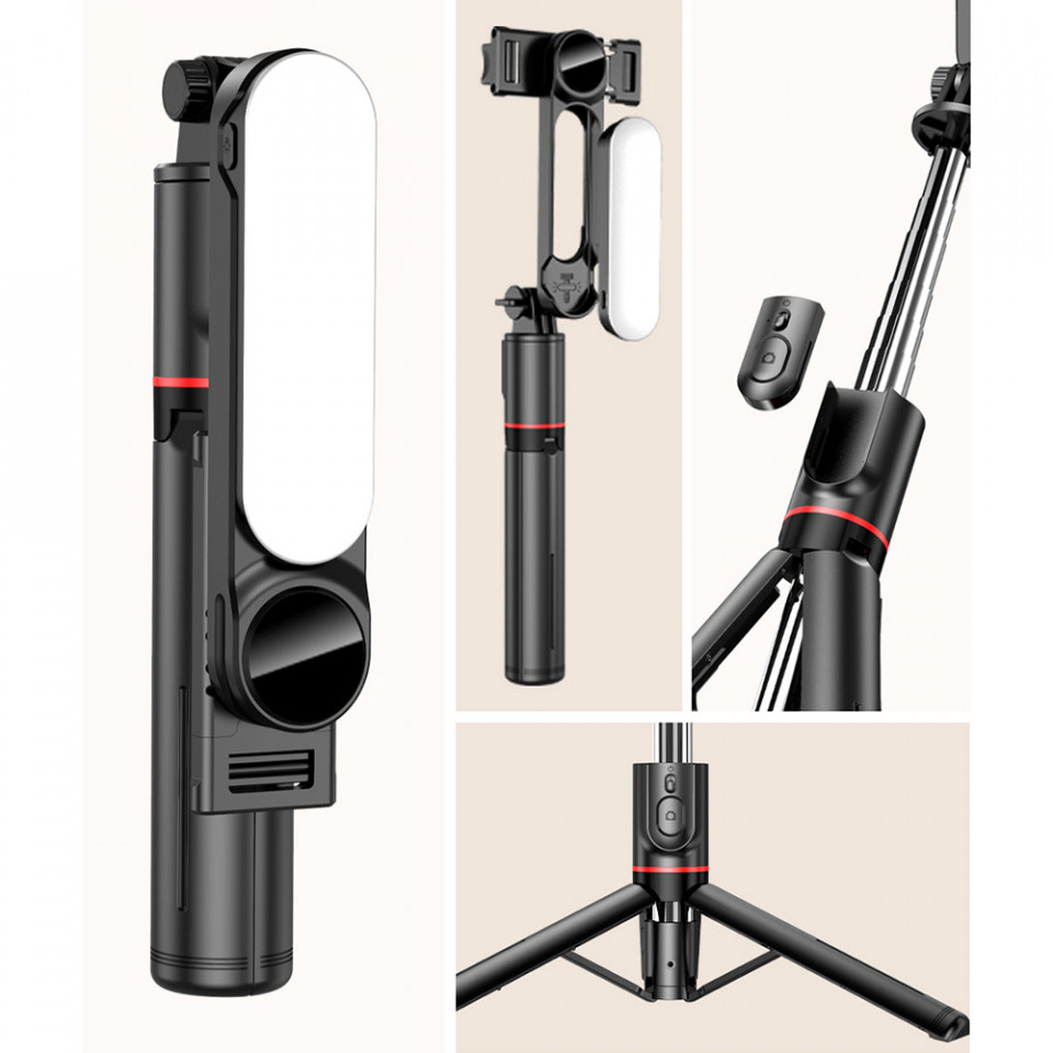 Selfie stick tip trepied cu LED, pliabil, Techsuit L15 - Negru - 2 | YEO