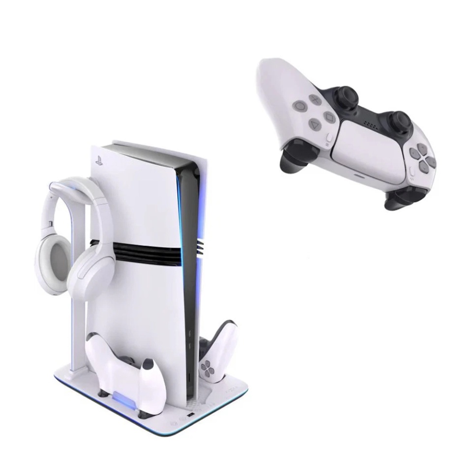 Stand Multifunctional PS5 FIXED FIXPS5PS-MCS-BW, Compatibil Pro/Slim, Incarcare 2 Controllere, Suport Casti, LED RGB, Alb/Negru - 2 | YEO