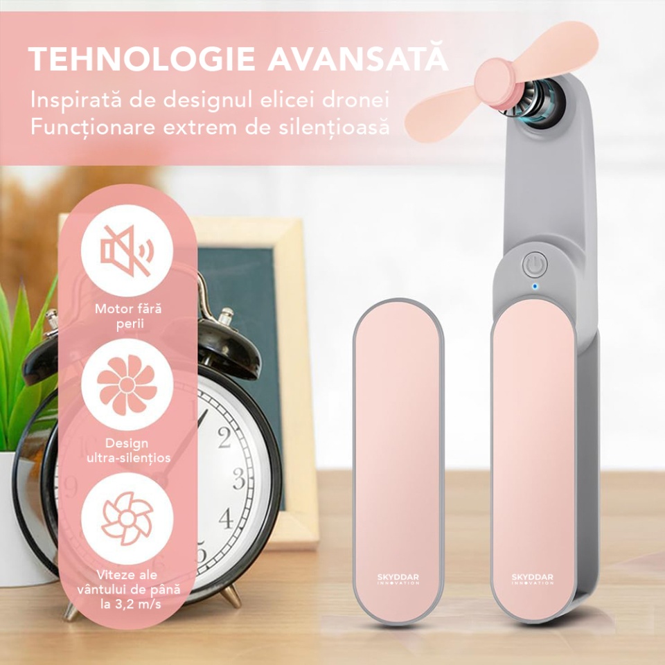 Ventilator Portabil Mini, de Poseta, de Birou, de Mana, Silentios, Pliabil, 1200mAh, SKDR NiniFan - Roz - 1 | YEO