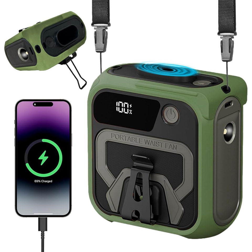 Ventilator Portabil Turbo Z13, 5 Viteze, 10000mAh, Incarcare Rapida, Suport Metalic, Lanterna si Power Bank, Verde - 3 | YEO