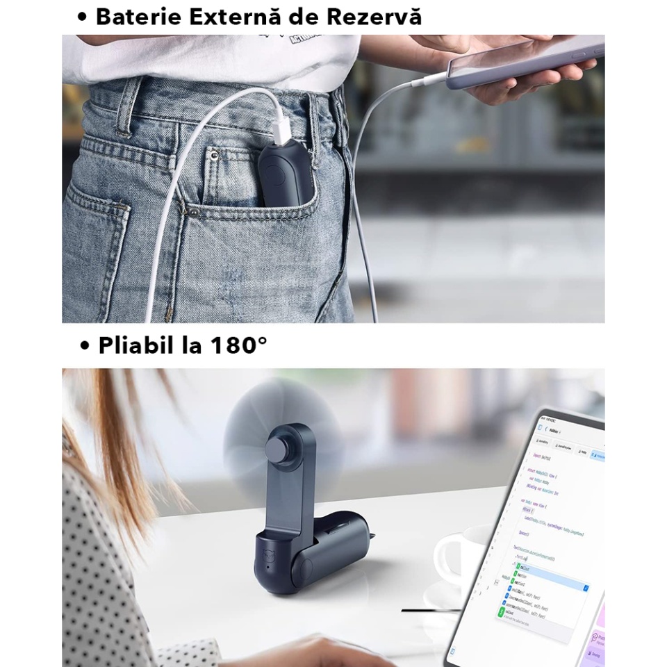 Ventilator Ultra Portabil 3 in 1, De Mână, De Birou, De Gât, 3 Trepte Viteza, Pliabil cu baterie Portabila 2000mAh, Autonomie 20h, SKDR AirMini - Albastru - 3 | YEO