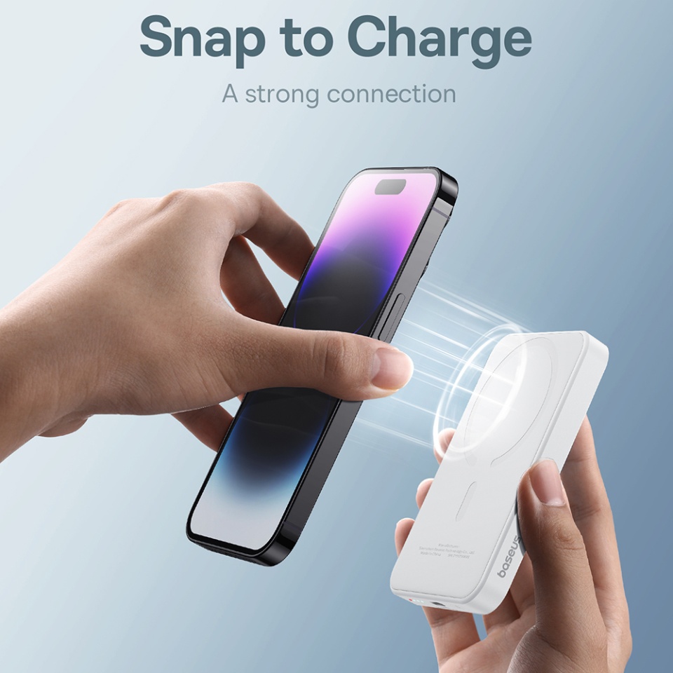 Baterie Externa, Baseus, Magnetica, Incarcare Rapida, MagSafe, USB-C, 5000mAh, 20W, Magnetic Mini, Alb - 3 | YEO