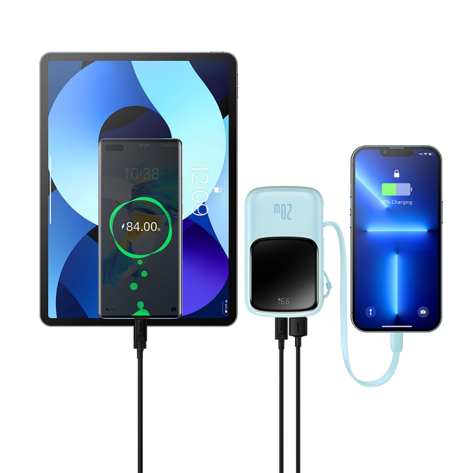 Baterie Externa cu Display Digital, Baseus, Incarcare Rapida, Type-C, USB, 20000mAh, 20W, with Cable USB-C, Lightning, 3A, Qpow Pro, Albastru - 3 | YEO