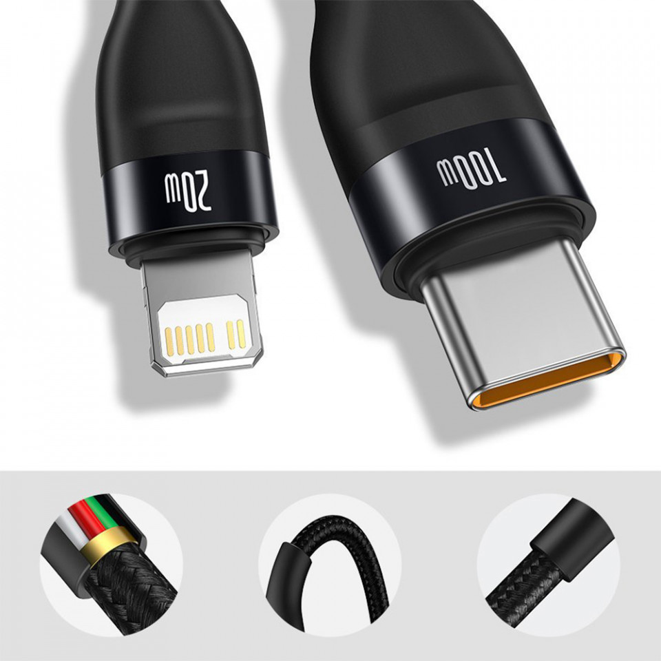 Cablu de date 2in1 Type-C la Type-C / Lightning, 100W, 1.2m, Baseus Flash Series (CA1T2-F01) - Negru - 2 | YEO