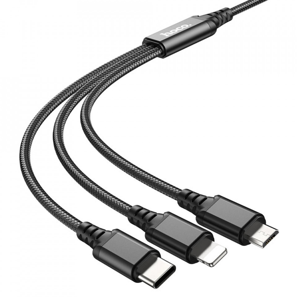 Cablu de Date 3in1 USB la Type-C, Micro-USB, Lightning, Fast Charging 2A, 1m, Hoco - Negru - 1 | YEO