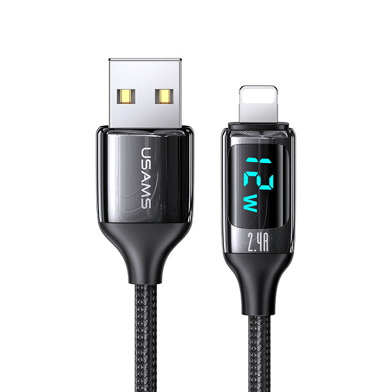 Cablu de date din Nailon cu display, Type-C la Lightning , 12W, 1.2M, Fast Charge, USAMS (US-SJ543) - Negru