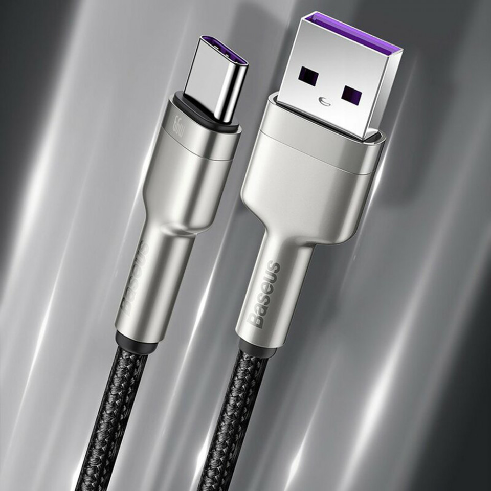 Cablu de Date USB la Type-C Fast Charging, 66W, 6A, 1m - Baseus Cafule Series Metal (CAKF000101) - Black - 2 | YEO