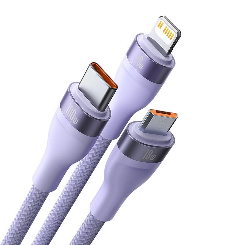 Cablue de Incarcare / Date 3in1 USB la Type-C, Lightning, Micro-USB, 100W, 1.5m, Baseus, Flash Series 2, Mov - 3 | YEO