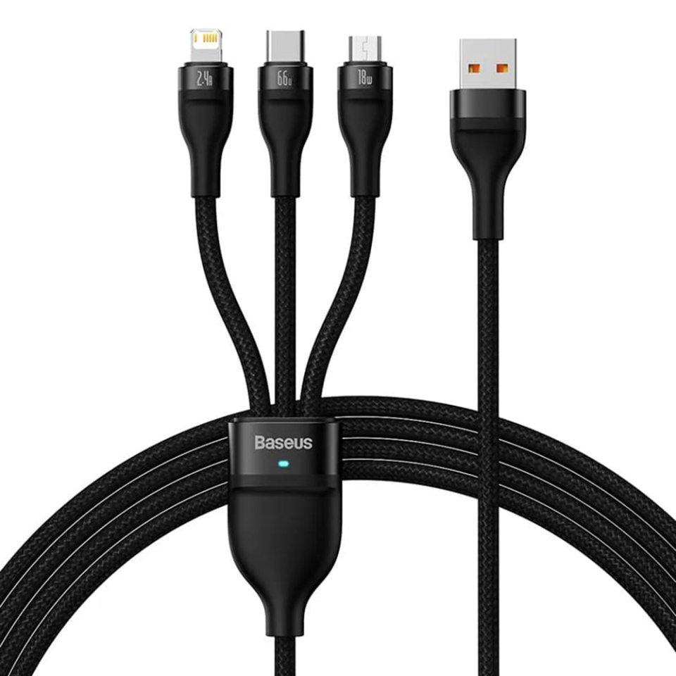 Cablue de Incarcare / Date 3in1 USB la Type-C, Lightning, Micro-USB, 66W, 1.2m, Baseus, Flash Series 2, Negru