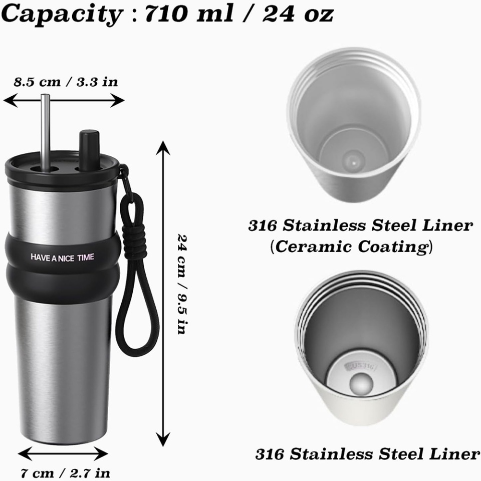 Cana termos, Cu pai, BPA-FREE, Rezistent la rugina si la scurgeri, Reutilizabil, Bauturi calde si reci, Pentru apa, ceai sau cafea, smoothie si multe altele, Otel inoxidabil, 710ml, THM7 - Negru - 2 | YEO