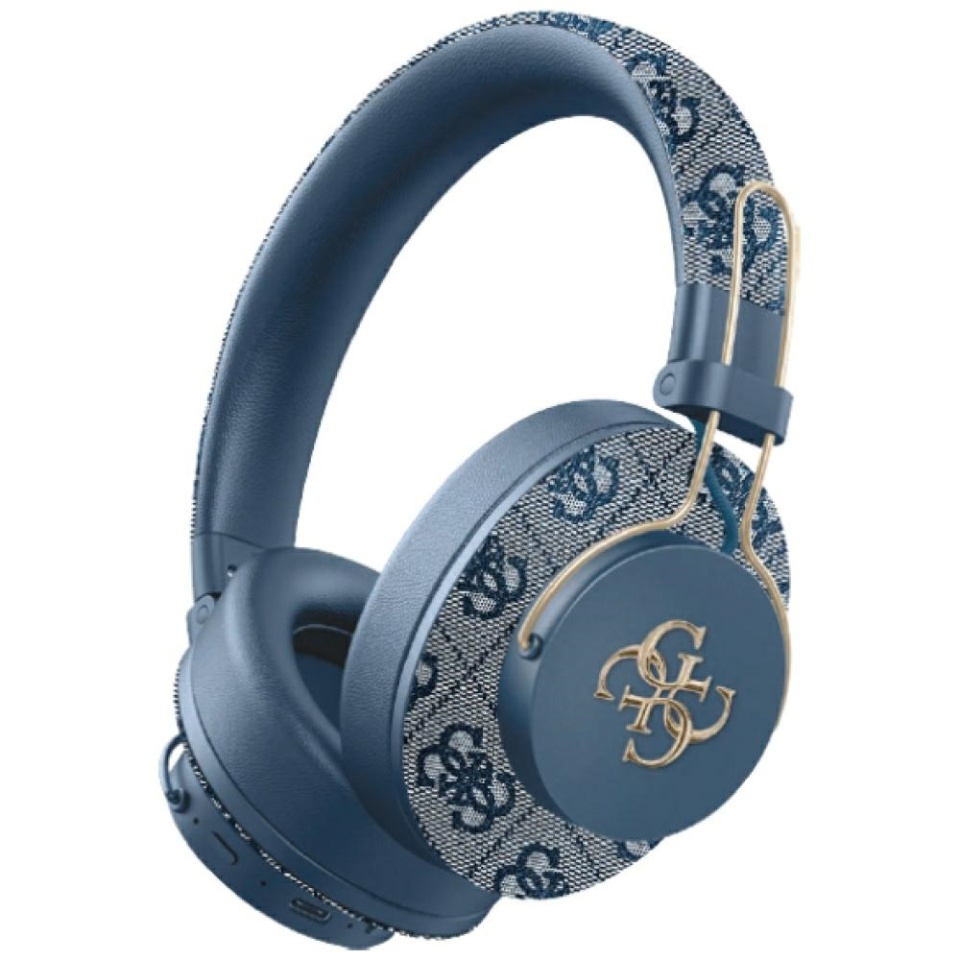 Casti Bluetooth Wireless, Guess 4G Metal Logo, Casti fara Fir, Bluetooth 5.3, ENC, USB-C din Piele Ecologica, 300mAh, Albastru
