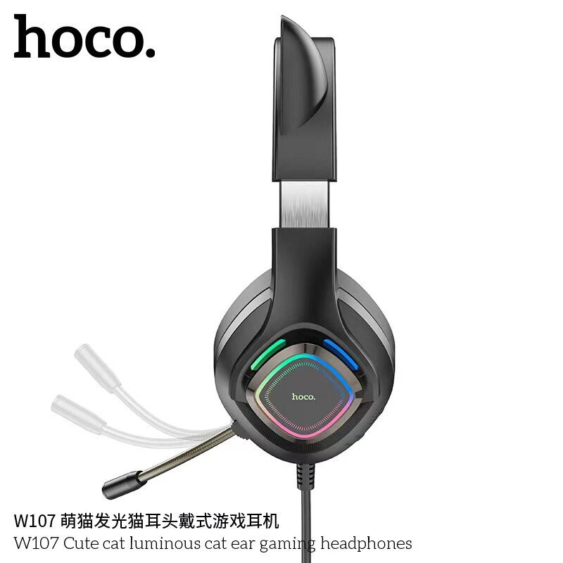 Casti Gaming Jack 3.5mm cu LED si Microfon, Hoco Cat Ears - Negru / Verde - 2 | YEO