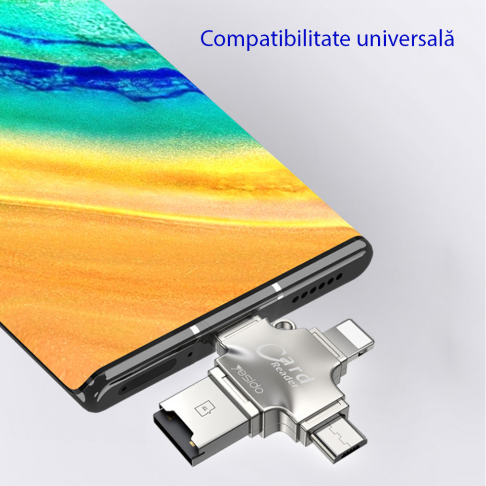 Cititor de Carduri MicroSD + Adaptor USB, Type-C, Lightning, Micro-USB, Yesido (GS13) - Silver - 2 | YEO