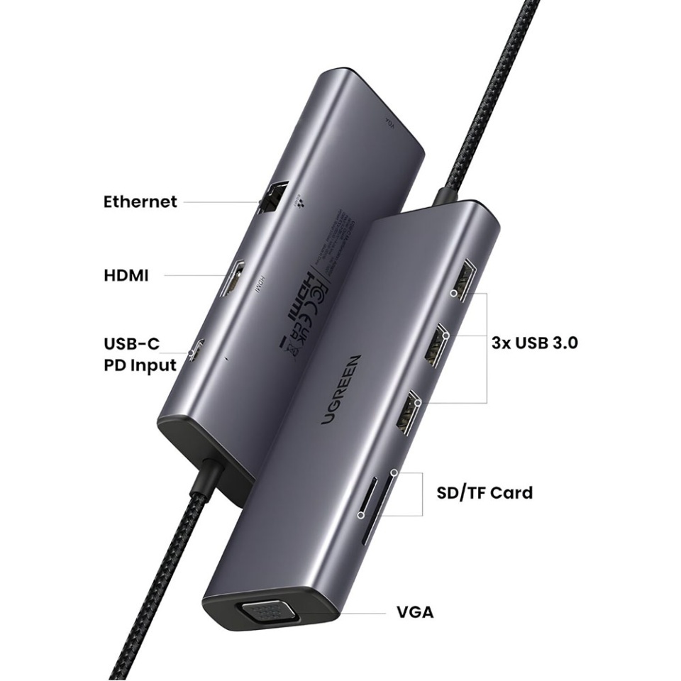 Docking Station Type-C la 3x USB3.0, HDMI 4K@30Hz, VGA, Type-C PD100W, RJ45, SD/TF Card, Ugreen CM498 15600, Gri - 1 | YEO