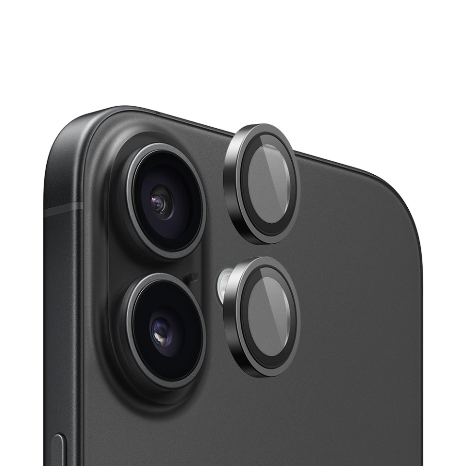 Folie camera pentru iPhone 15 / 15 Plus, Blueo, Sticla Securizata, Ultra HD, Original Metal Frame Lens Protector, Set de 2, Negru