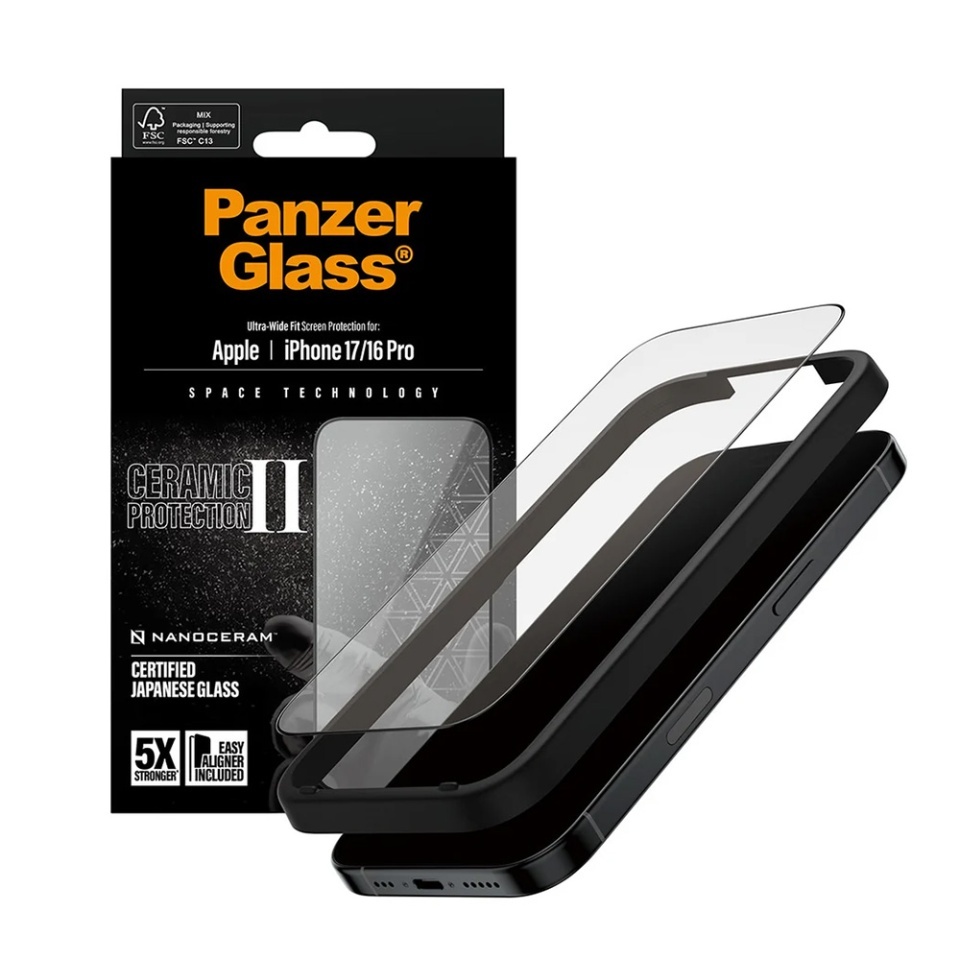 Folie Sticla pentru iPhone 16 Pro / 17, Ultra-Wide Fit w. EasyAligner, PanzerGlass, Anti-Soc si Anti-Bule, Transparent